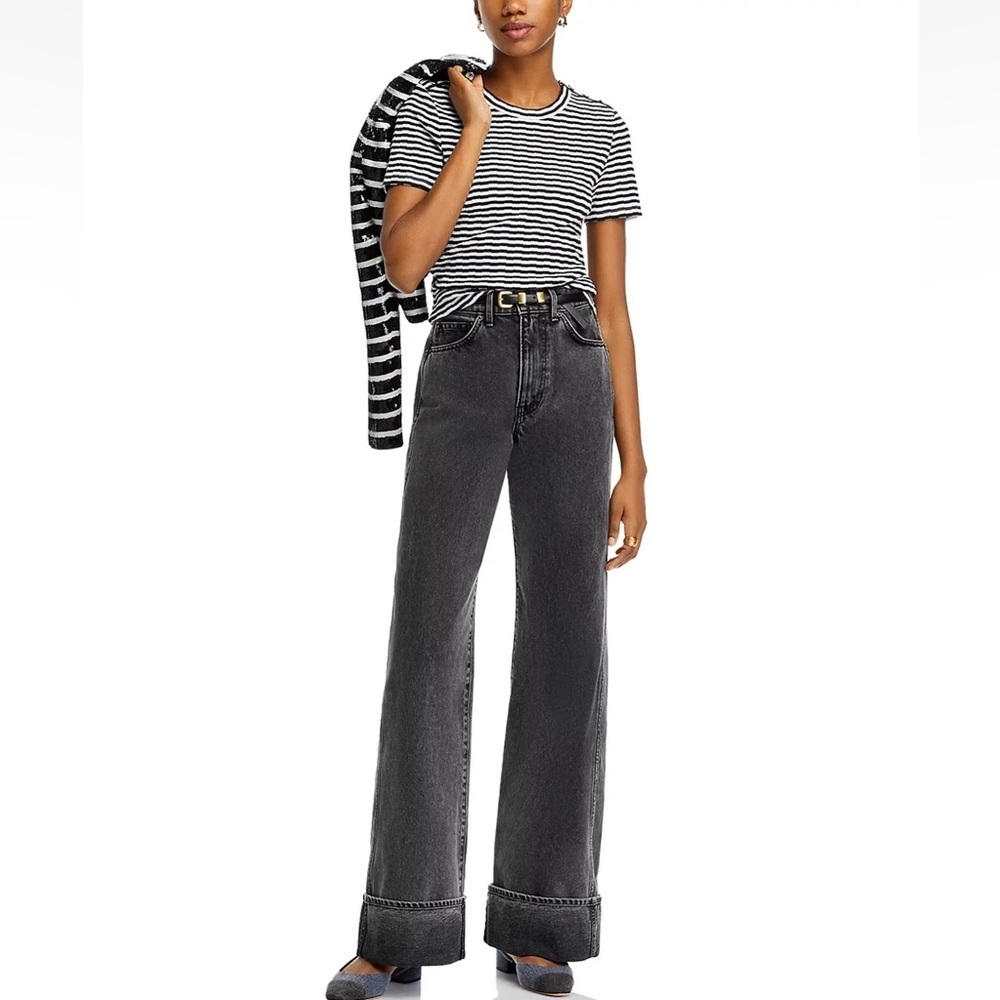 Veronica Beard Taylor Relaxed Wide Leg Cuffed Jeans in Stoned Wash